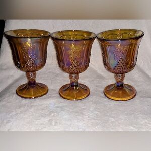 Vintage Indiana Glass 3 piece  Harvest Goblet Set Iridescent Gold Carnival Glass